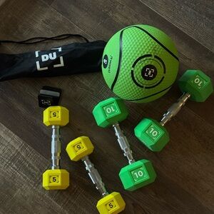 NWOT Dribbleup - Green and Yellow Dumbbell Set & Exercise Ball